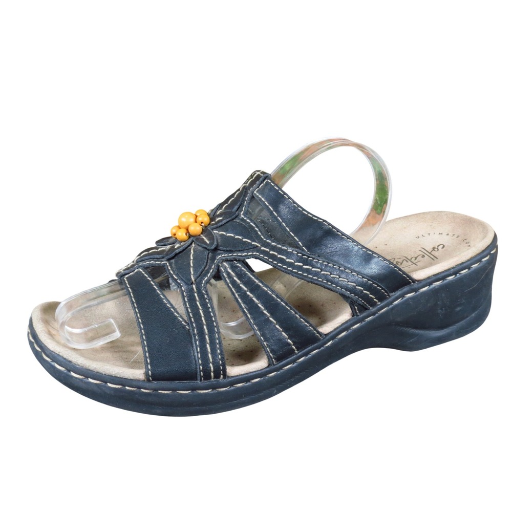 Clarks Lexi Myrtle Womens Slide Sandals Sz 9.5 XW Comfort Walking Black Leather